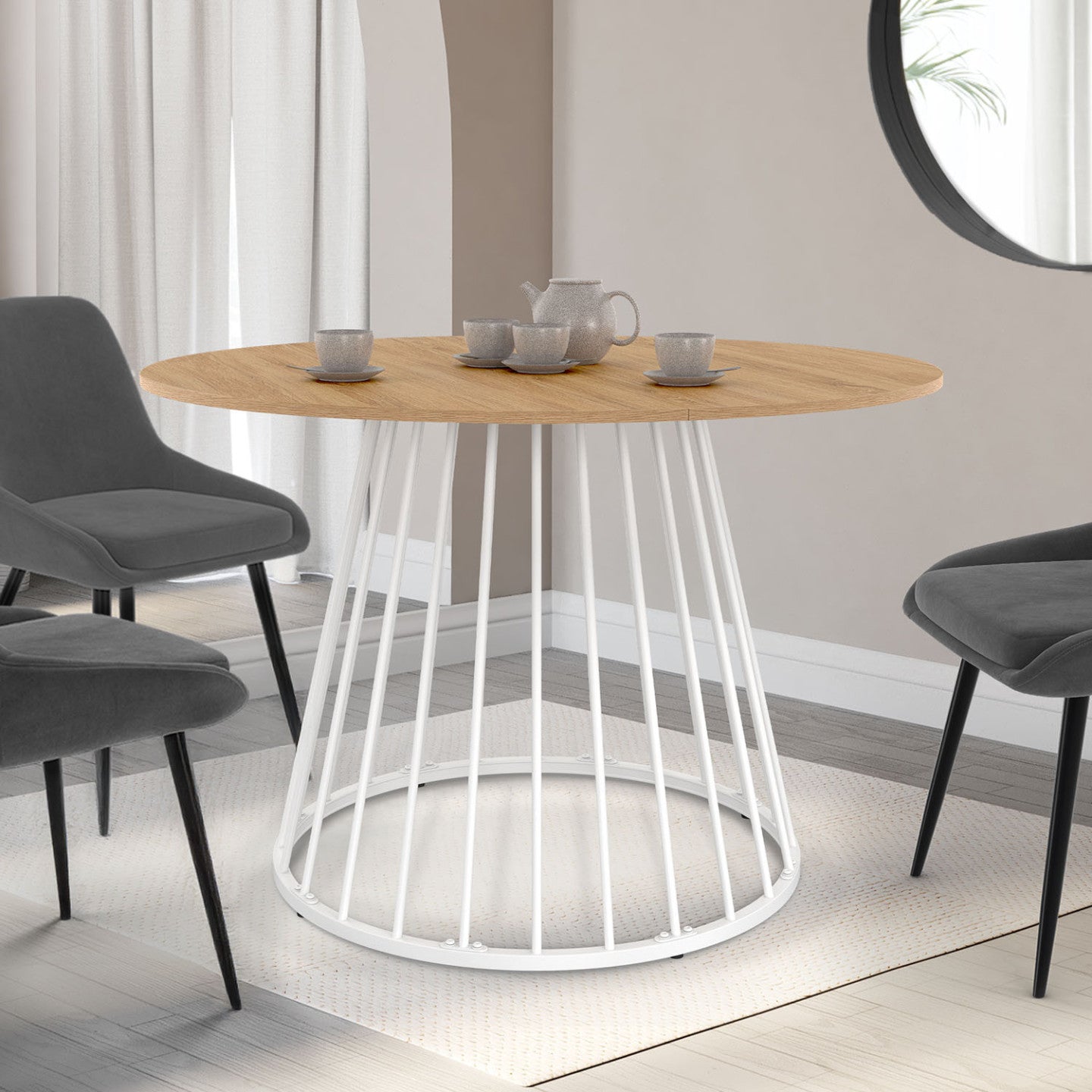 IDMarket - Tavolo da pranzo rotondo per 6 persone YUNA con piano in legno e gamba in filo metallico bianco 110 cm