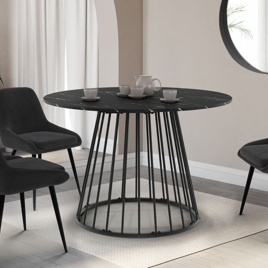 IDMarket - Tavolo da pranzo rotondo per 6 persone YUNA con piano in marmo nero effetto ALASKA e gamba in filo metallico nero 110 cm
