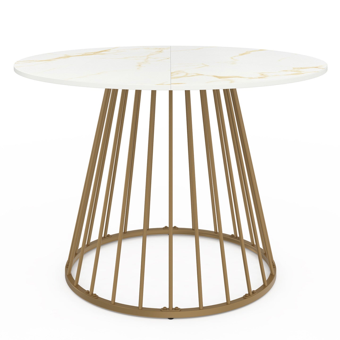 IDMarket - Tavolo da pranzo rotondo YUNA per 6 persone con base in filo d'ottone e piano ALASKA 110 cm effetto marmo bianco