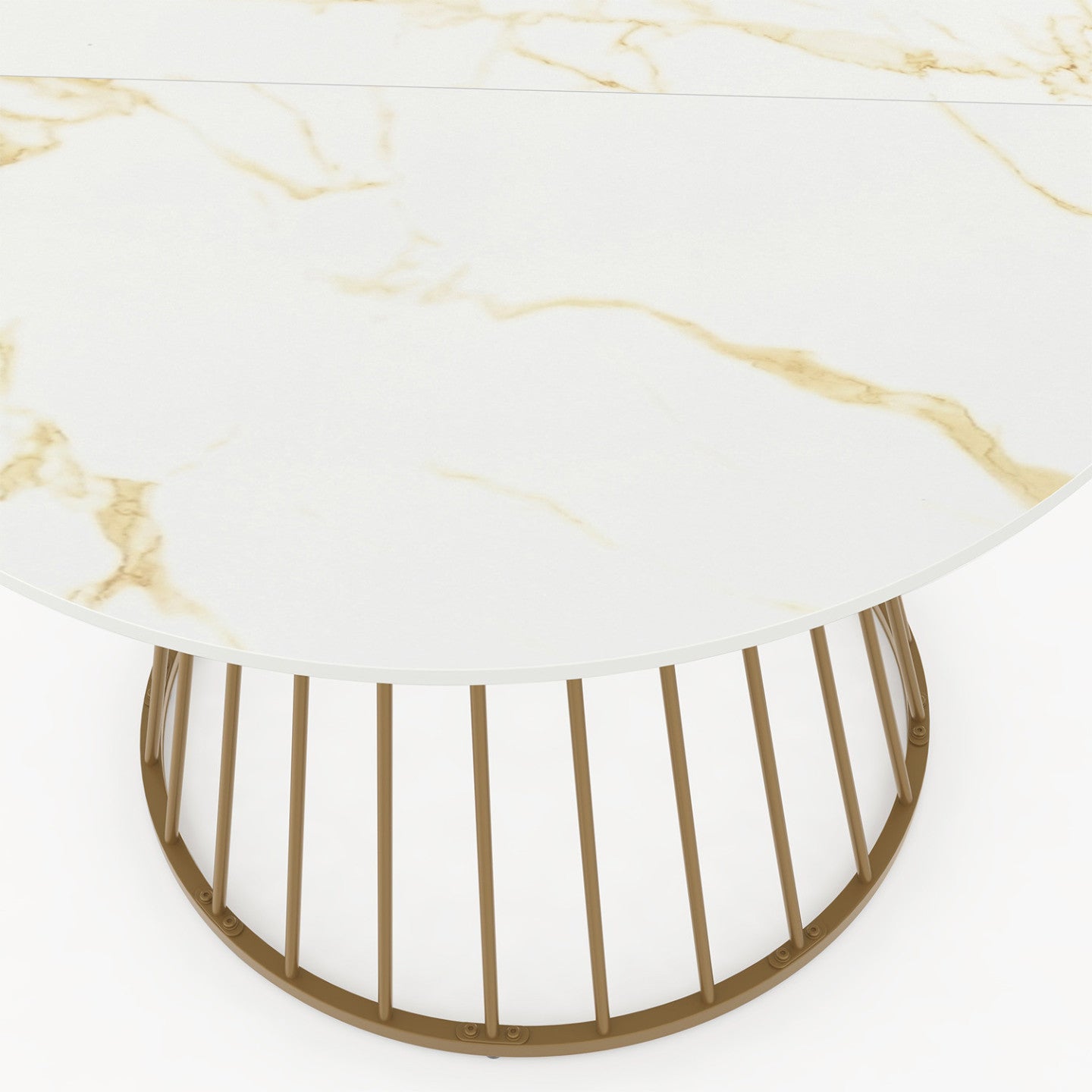 IDMarket - Tavolo da pranzo rotondo YUNA per 6 persone con base in filo d'ottone e piano ALASKA 110 cm effetto marmo bianco