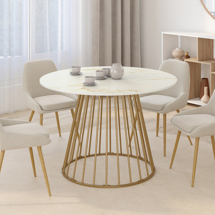IDMarket - Tavolo da pranzo rotondo YUNA per 6 persone con base in filo d'ottone e piano ALASKA 110 cm effetto marmo bianco