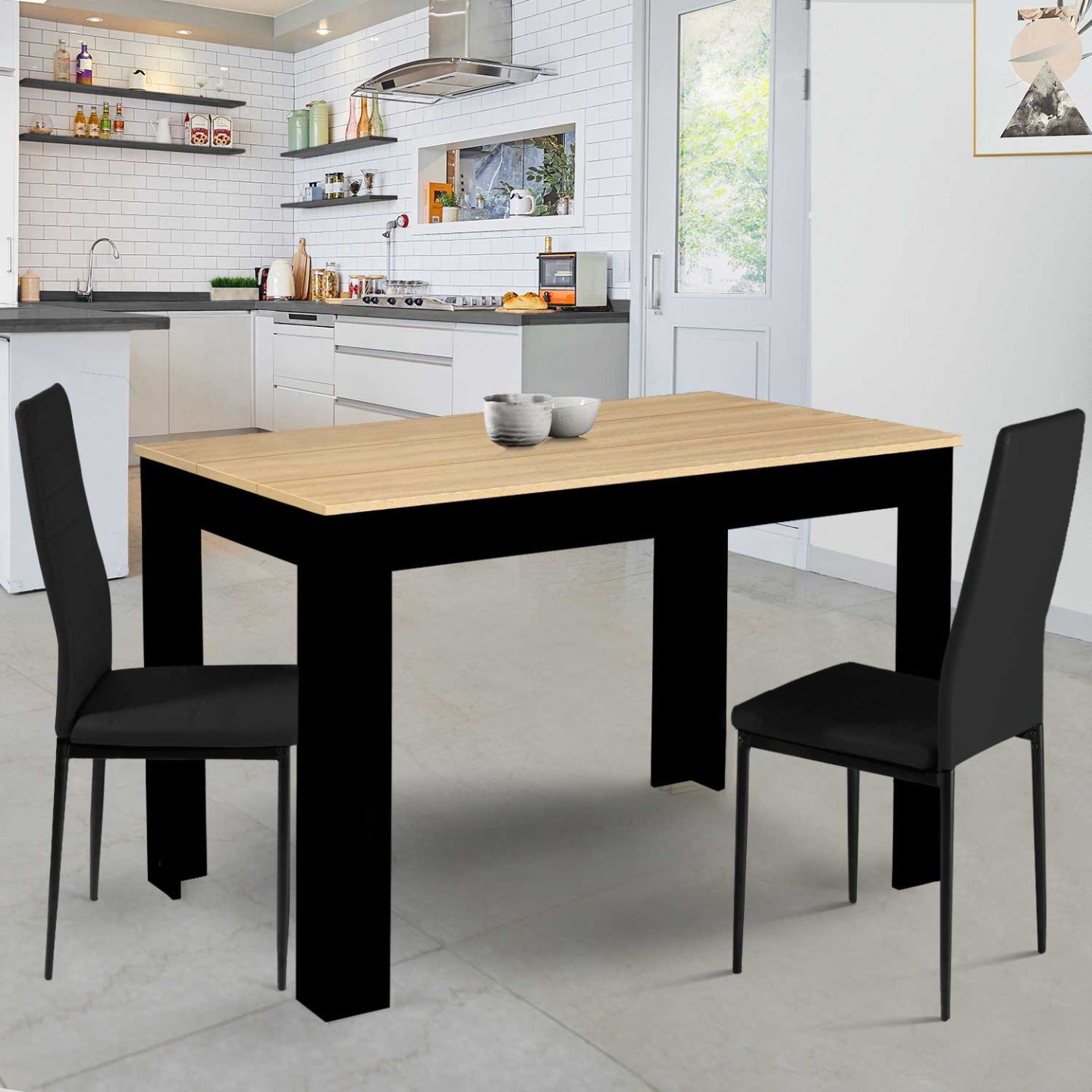 IDMarket - Tavolo da pranzo ROZY per 6 persone nero e piano effetto faggio 110 cm