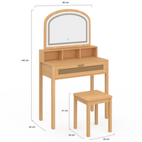 IDMarket - Tavolo da toilette EDHEN con specchio LED, 1 cassetto, 3 nicchie e sgabello in canna naturale ed effetto legno