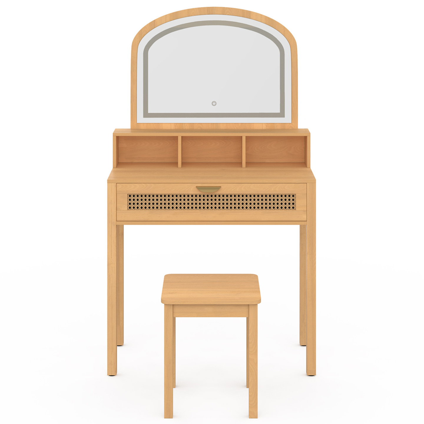 IDMarket - Tavolo da toilette EDHEN con specchio LED, 1 cassetto, 3 nicchie e sgabello in canna naturale ed effetto legno