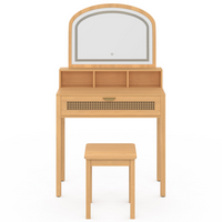 IDMarket - Tavolo da toilette EDHEN con specchio LED, 1 cassetto, 3 nicchie e sgabello in canna naturale ed effetto legno