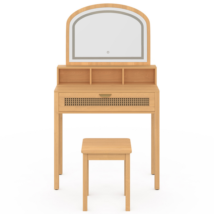IDMarket - Tavolo da toilette EDHEN con specchio LED, 1 cassetto, 3 nicchie e sgabello in canna naturale ed effetto legno