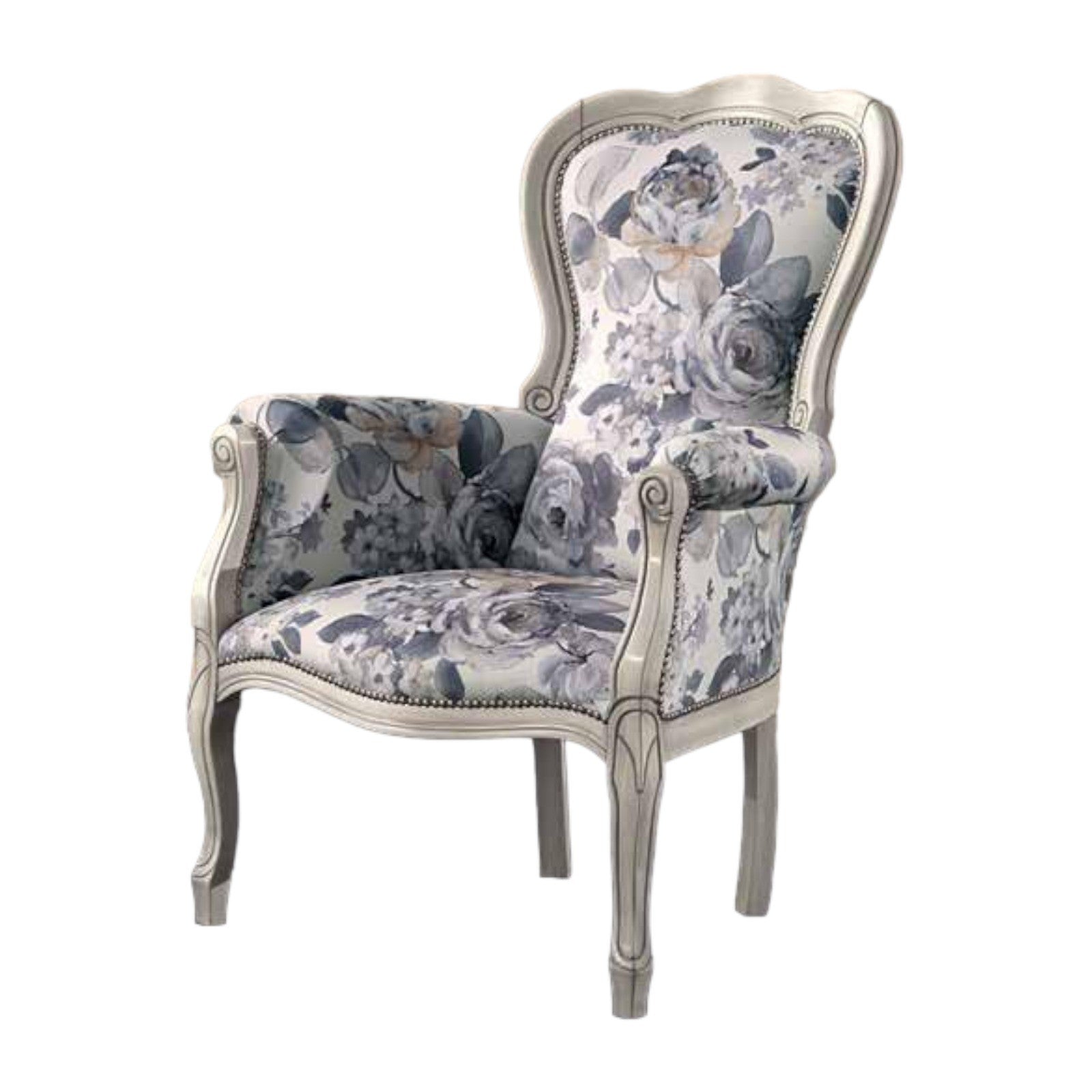 Poltrona shabby imbottita in legno massello intagliata con fregi - Mobili 2G