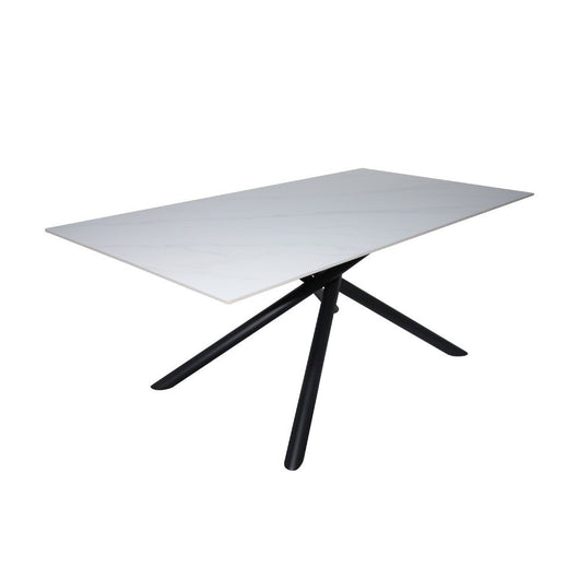 Tavolo fisso Corveo con piano effetto marmo bianco e struttura in metallo nero stile Shangai 180x90