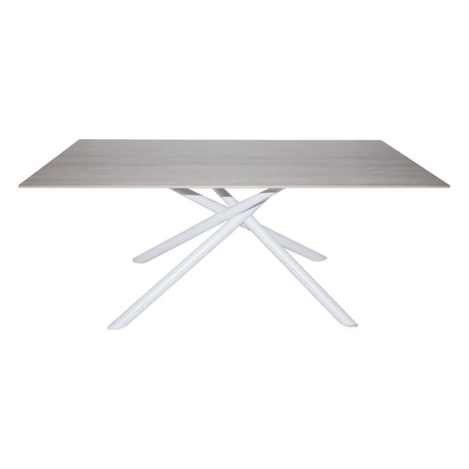 Tavolo fisso Corveo con piano effetto marmo travertino e struttura in metallo bianco stile Shangai 180x90