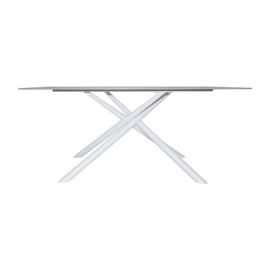 Tavolo fisso Corveo con piano effetto marmo travertino e struttura in metallo bianco stile Shangai 180x90