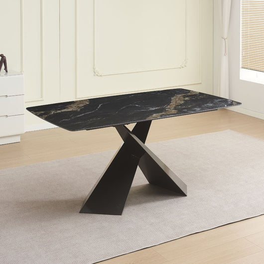 Tavolo Jarvis piano ceramica effetto marmo nero e gambe in geometriche e Incrociate 160x90x76H