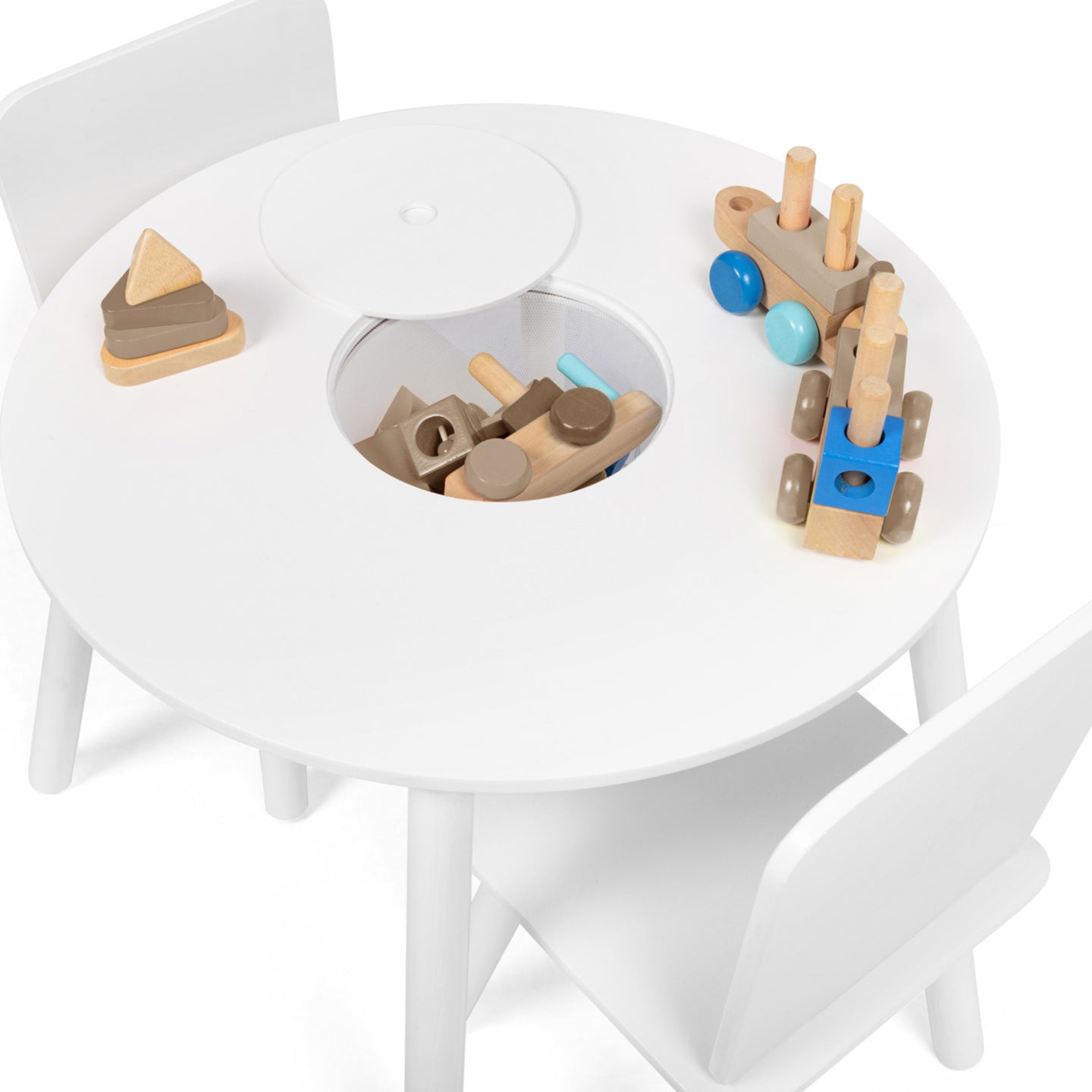 IDMarket - Tavolo per bambini CANDICE + 2 sedie con contenitore in legno bianco