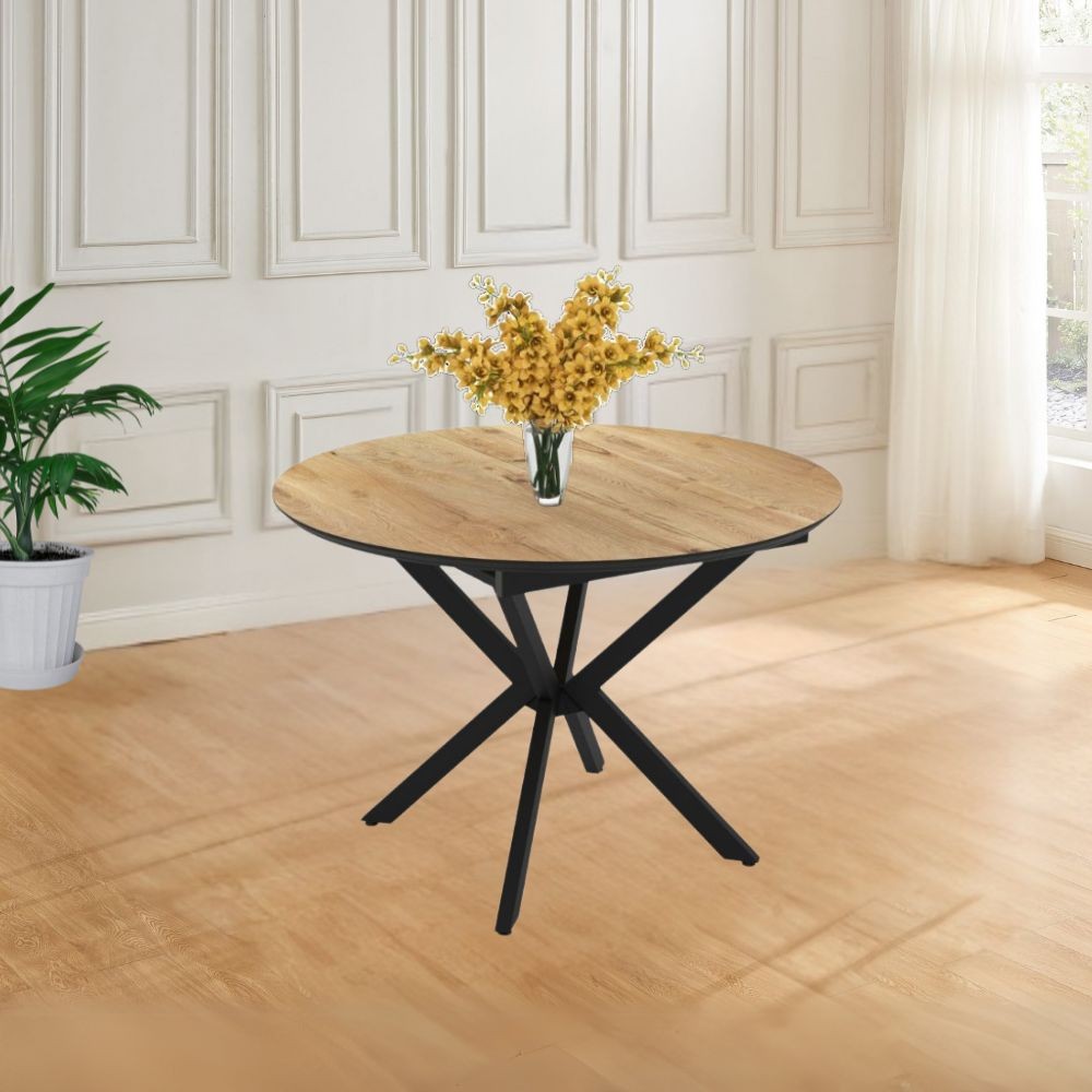 Tavolo rotondo allungabile piano colore rovere e gambe nere Dobok 110x110x76H