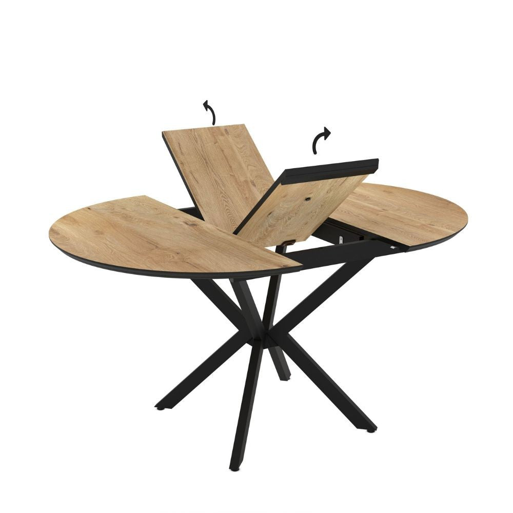 Tavolo rotondo allungabile piano colore rovere e gambe nere Dobok 110x110x76H