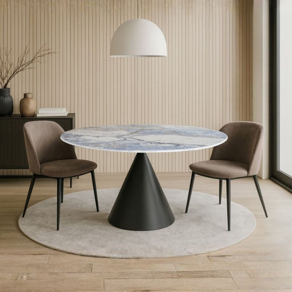 Tavolo rotondo Punto con piano effetto marmo e venature blu – 150x150x76H