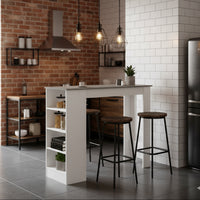 Tavolo snack alto Kivo bianco e cemento con 3 ripiani laterali 112x49.6x103.5H