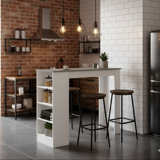 Tavolo snack alto Kivo bianco e cemento con 3 ripiani laterali 112x49.6x103.5H