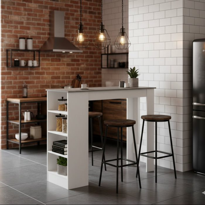 Tavolo snack alto Kivo bianco e cemento con 3 ripiani laterali 112x49.6x103.5H