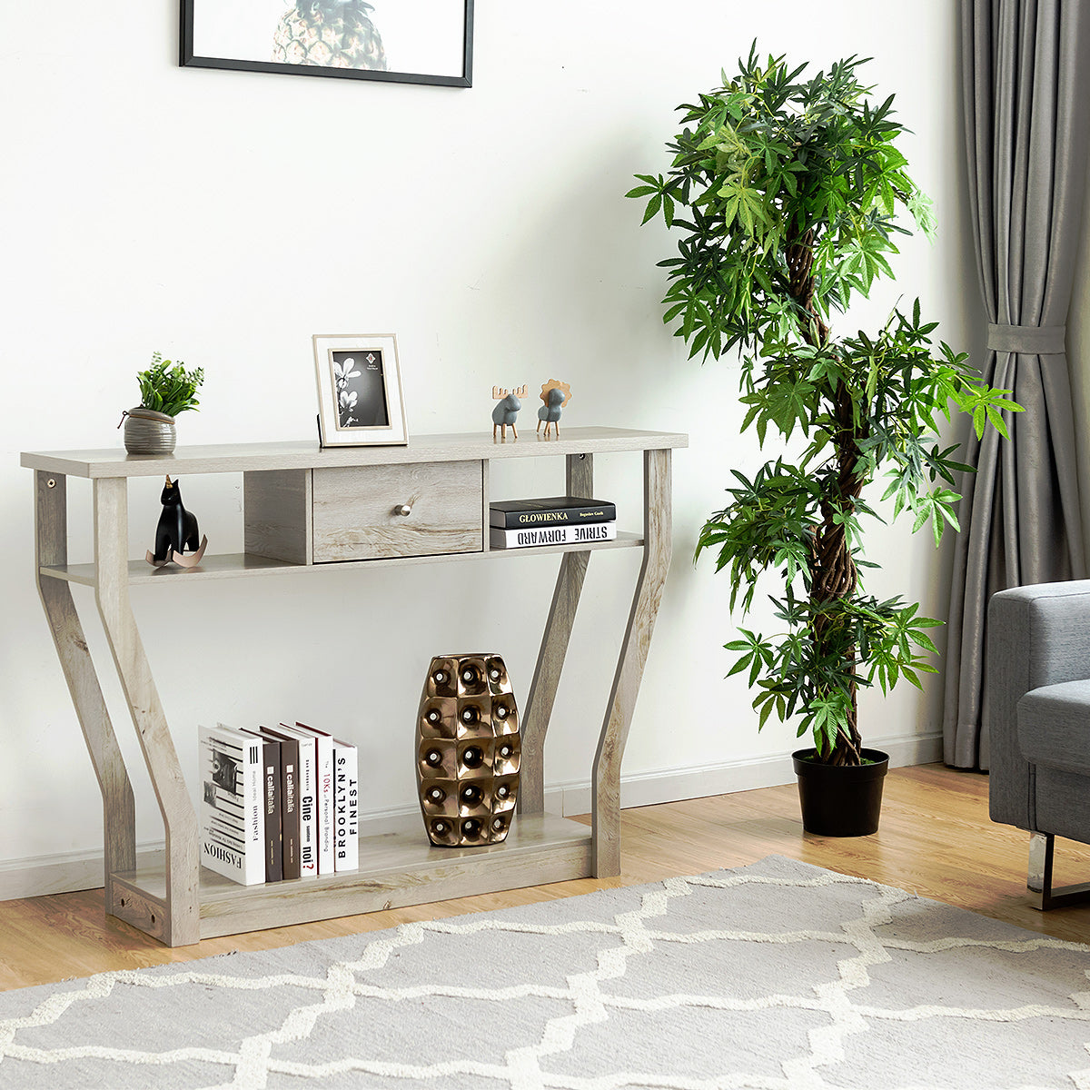 Tavolo con cassetto e 3 ripiani da studio e ufficio-Consolle per ingresso e salone multiuso 120x30x81cm Grigio