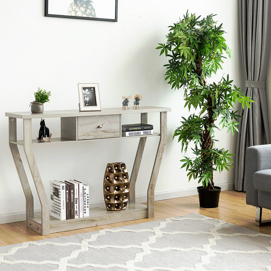 Tavolo con cassetto e 3 ripiani da studio e ufficio-Consolle per ingresso e salone multiuso 120x30x81cm Grigio