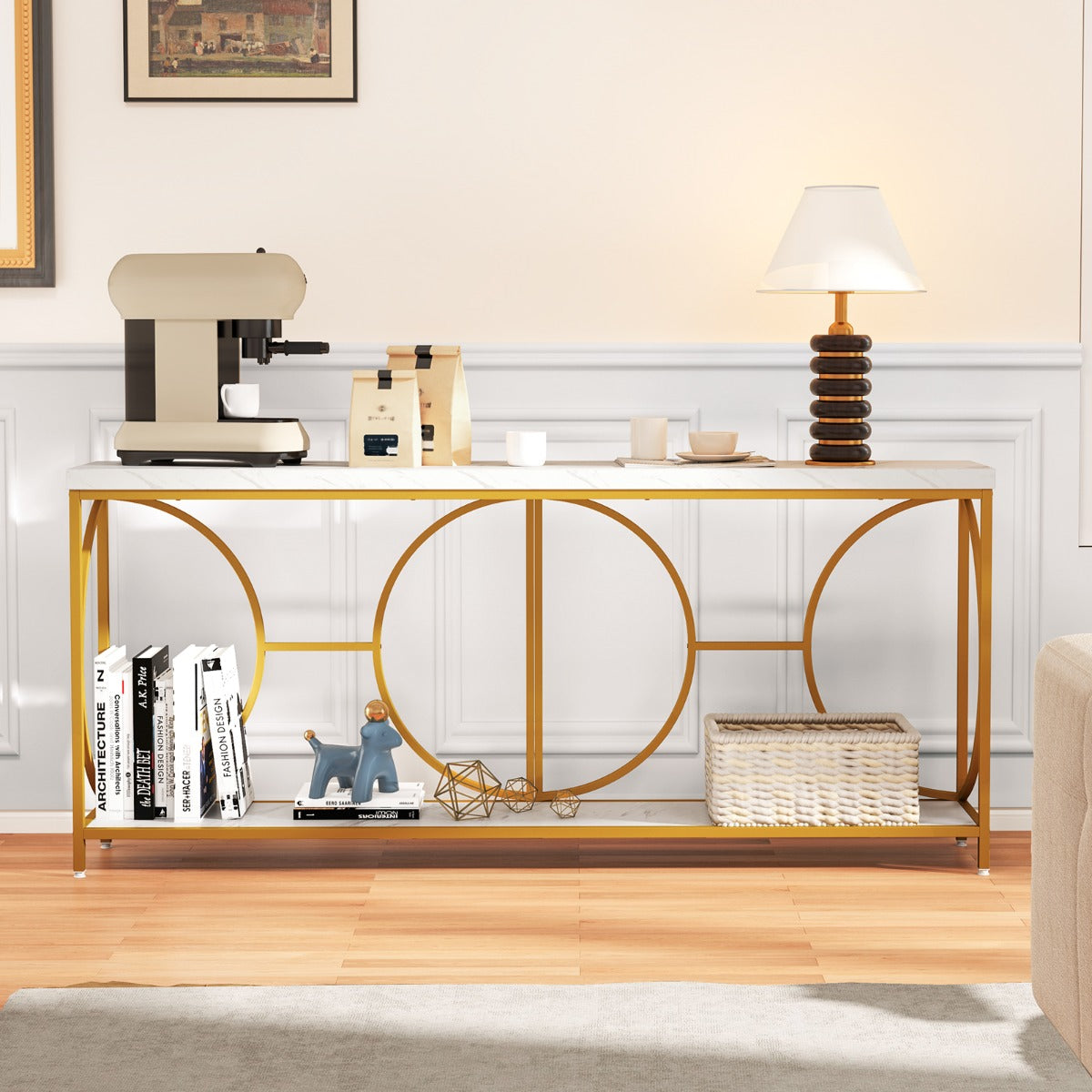 Tavolo console a 2 livelli con superficie in marmo finto, Tavolo console stretto da 180 cm per ingresso Bianco + Oro-Consolle