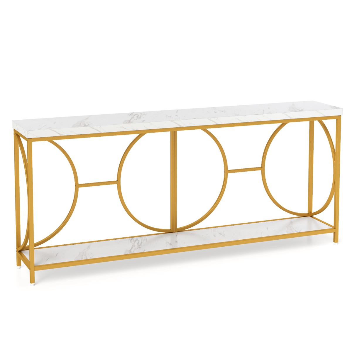 Tavolo console a 2 livelli con superficie in marmo finto, Tavolo console stretto da 180 cm per ingresso Bianco + Oro-Consolle