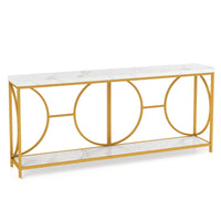 Tavolo console a 2 livelli con superficie in marmo finto, Tavolo console stretto da 180 cm per ingresso Bianco + Oro-Consolle