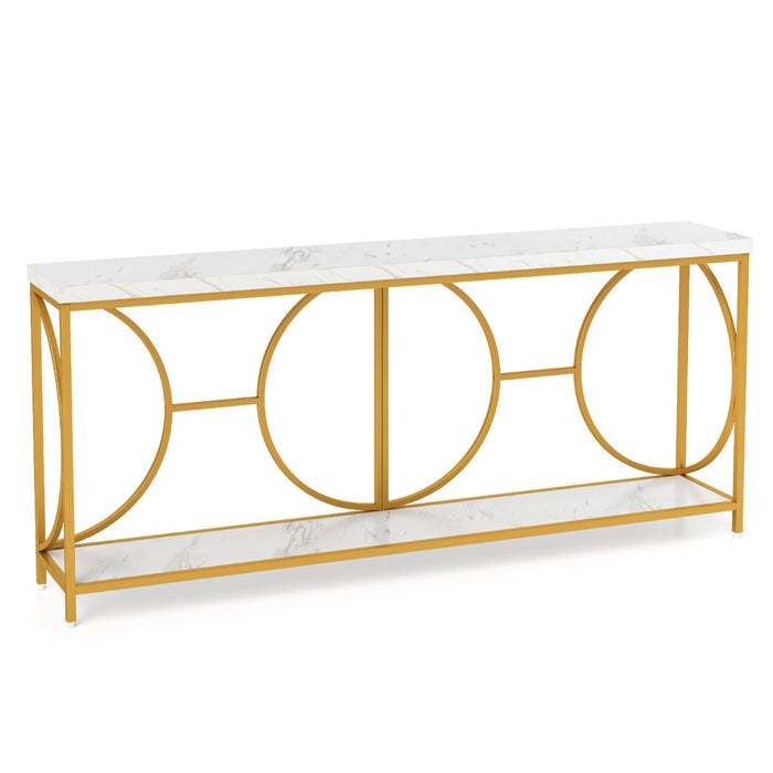 Tavolo console a 2 livelli con superficie in marmo finto, Tavolo console stretto da 180 cm per ingresso Bianco + Oro-Consolle