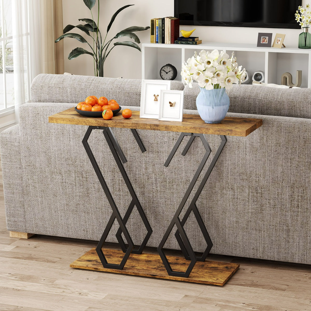 Tavolo consolle effetto marmo con piedini regolabili struttura in metallo, Tavolo d'ingresso 100x30x79cm Marrone-Consolle