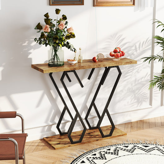 Tavolo consolle effetto marmo con piedini regolabili struttura in metallo, Tavolo d'ingresso 100x30x79cm Marrone-Consolle