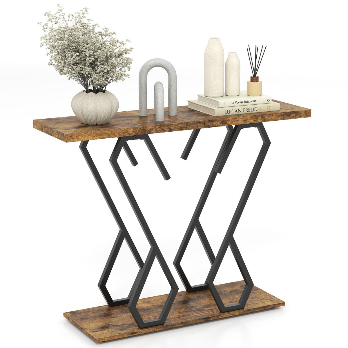 Tavolo consolle effetto marmo con piedini regolabili struttura in metallo, Tavolo d'ingresso 100x30x79cm Marrone-Consolle