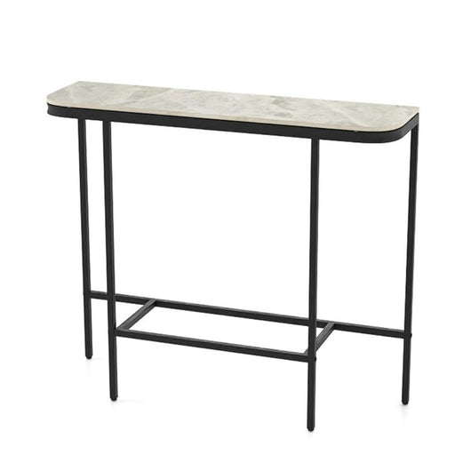 Consolle moderna per divano con piano in finto marmo e struttura metallica, Tavolo dietro divano per soggiorno e atrio Grigio-Consolle