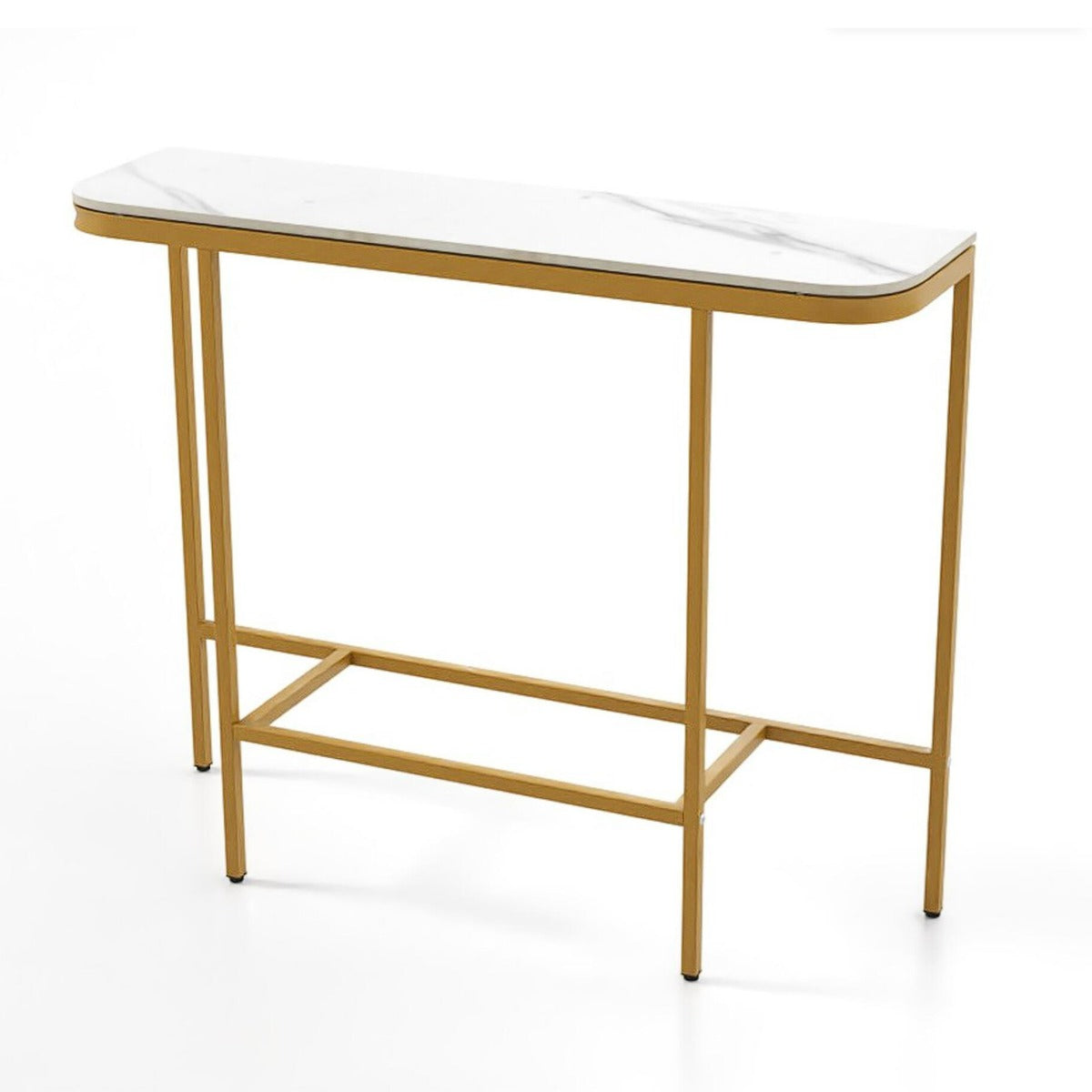 Consolle moderna per divano con piano in finto marmo e struttura metallica, Tavolo dietro divano per soggiorno e atrio Bianco-Consolle