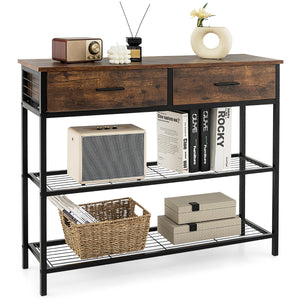 Tavolo consolle da 100cm con 2 cassetti 2 ripiani-Tavolino da ingresso industriale per il soggiorno Marrone