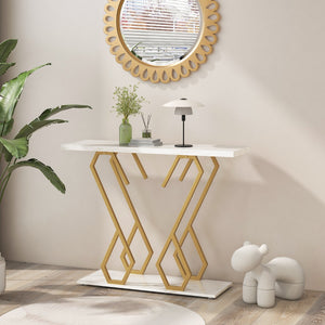 Tavolo consolle effetto marmo con piedini regolabili struttura in metallo, Tavolo d'ingresso 100x30x79cm Bianco-Consolle