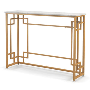 Tavolo consolle da 110cm con cornice geometrica dorata piano effetto marmo, Tavolo da ingresso stretto Bianco-Consolle