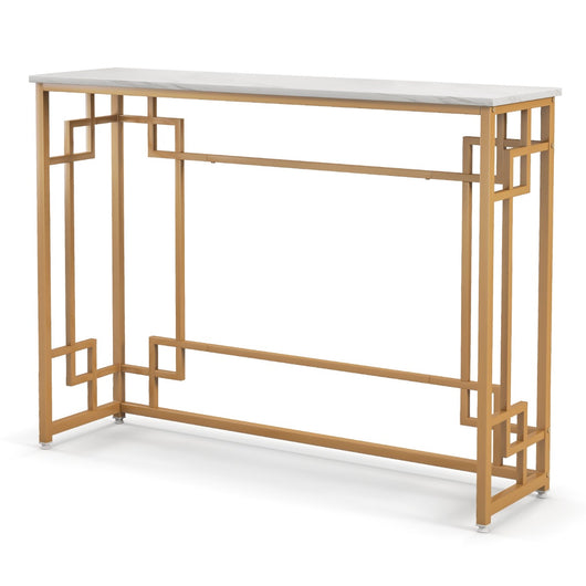 Tavolo consolle da 110cm con cornice geometrica dorata piano effetto marmo, Tavolo da ingresso stretto Bianco-Consolle
