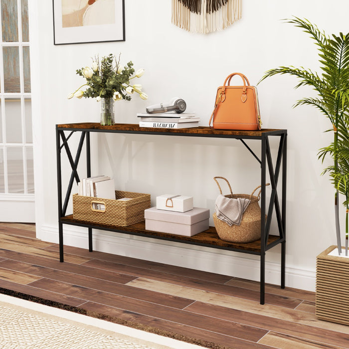 Tavolo consolle industriale a 2 ripiani con struttura in metallo-Tavolo stretto per ingresso e corridoio Marrone