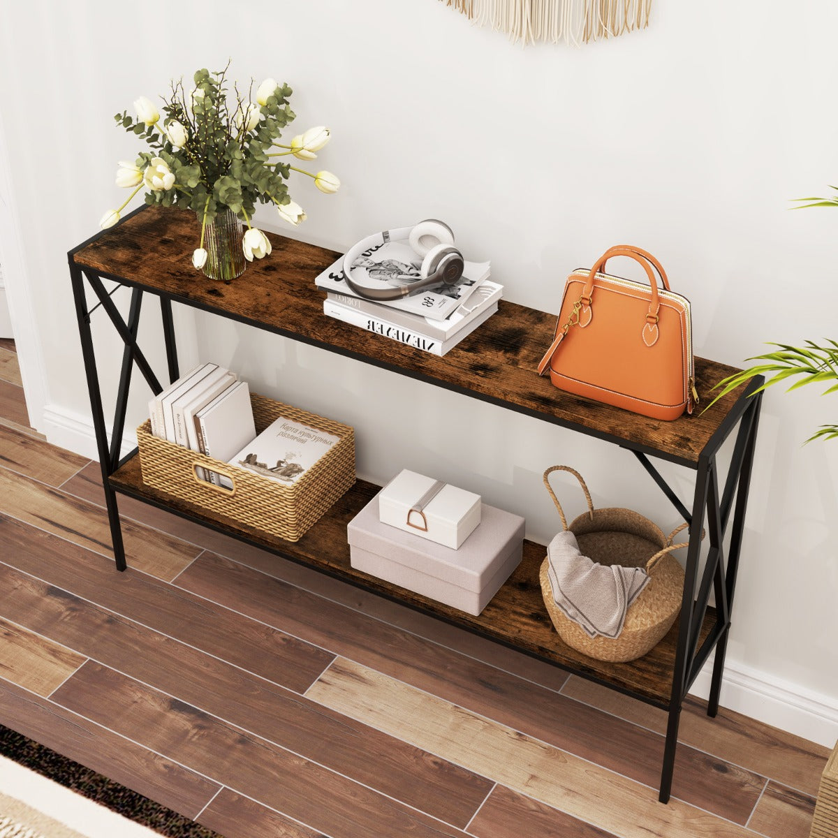 Tavolo consolle industriale a 2 ripiani con struttura in metallo-Tavolo stretto per ingresso e corridoio Marrone