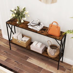 Tavolo consolle industriale a 2 ripiani con struttura in metallo-Tavolo stretto per ingresso e corridoio Marrone