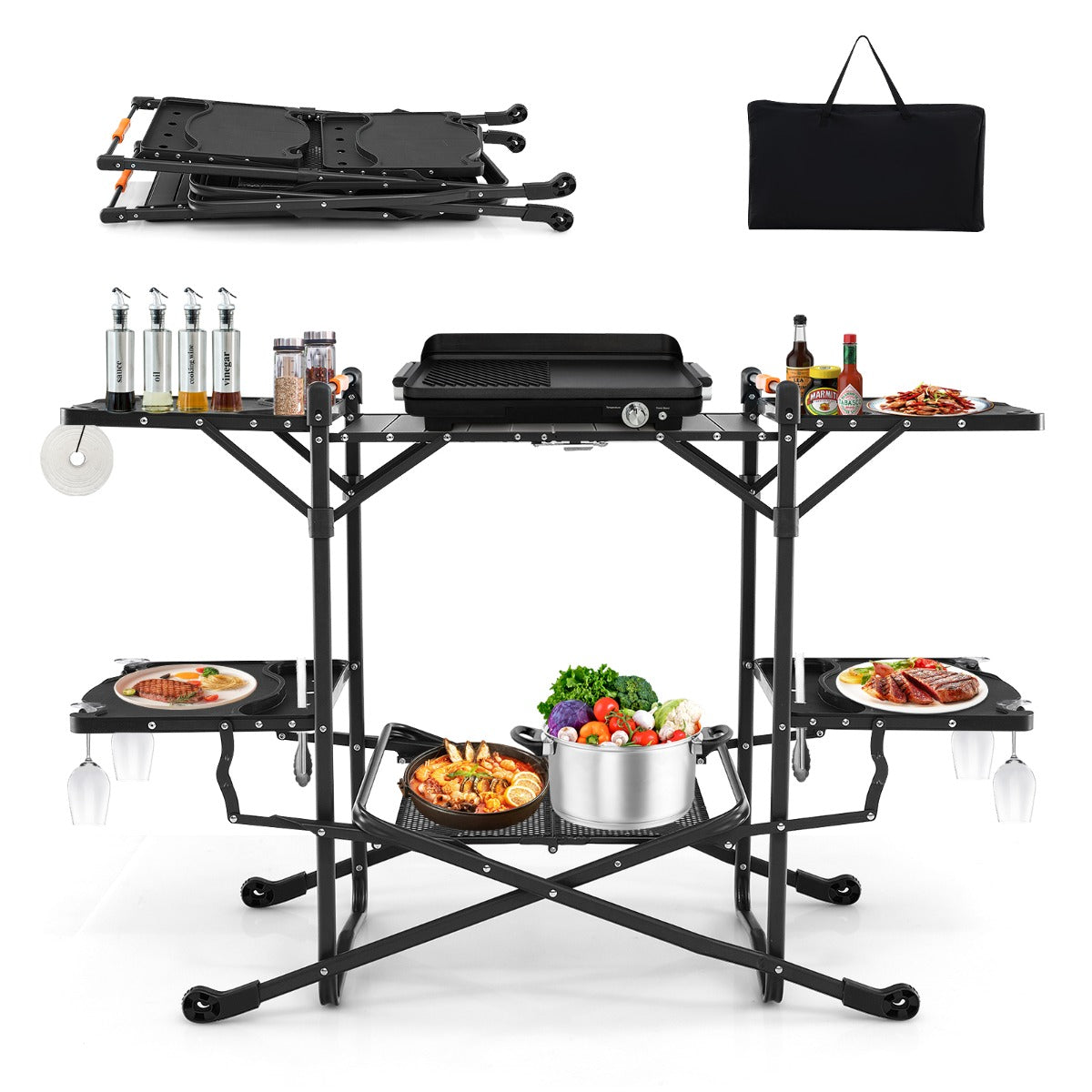 Tavolo da cucina da campeggio con piano in alluminio resistente al calore tavoli laterali, Tavolo pieghevole 135x54x88cm-Tavoli e sedie da campeggio