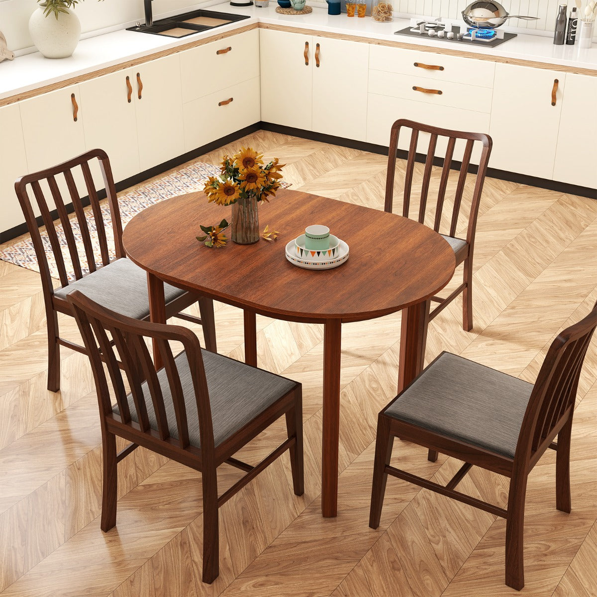 Tavolo da cucina ovale con gambe in legno di caucci¨´ per soggiorno, Tavolo da pranzo in legno per 2-4 persone Noce-Tavoli e sedie da pranzo