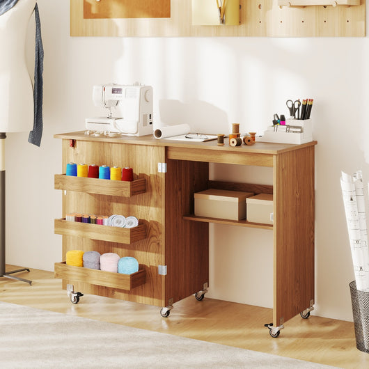 Carrello per artigianato con ripiano e contenitori per camera da letto, Tavolo da cucito pieghevole con stazione di ricarica Naturale-Scrivanie