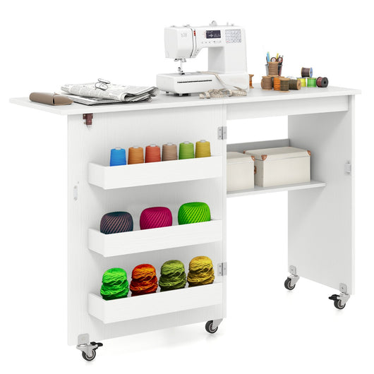 Carrello per artigianato con ripiano e contenitori per camera da letto, Tavolo da cucito pieghevole con stazione di ricarica Bianco-Scrivanie