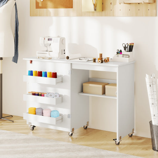 Carrello per artigianato con ripiano e contenitori per camera da letto, Tavolo da cucito pieghevole con stazione di ricarica Bianco-Scrivanie