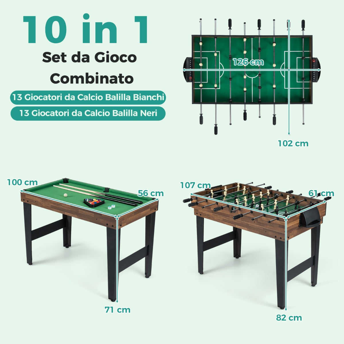 Tavolo da gioco 10 in 1 calcio balilla air hockey bowling, Tavolo da gioco 10 in 1 scacchi dama backgammon Marrone-Stanza dei giochi