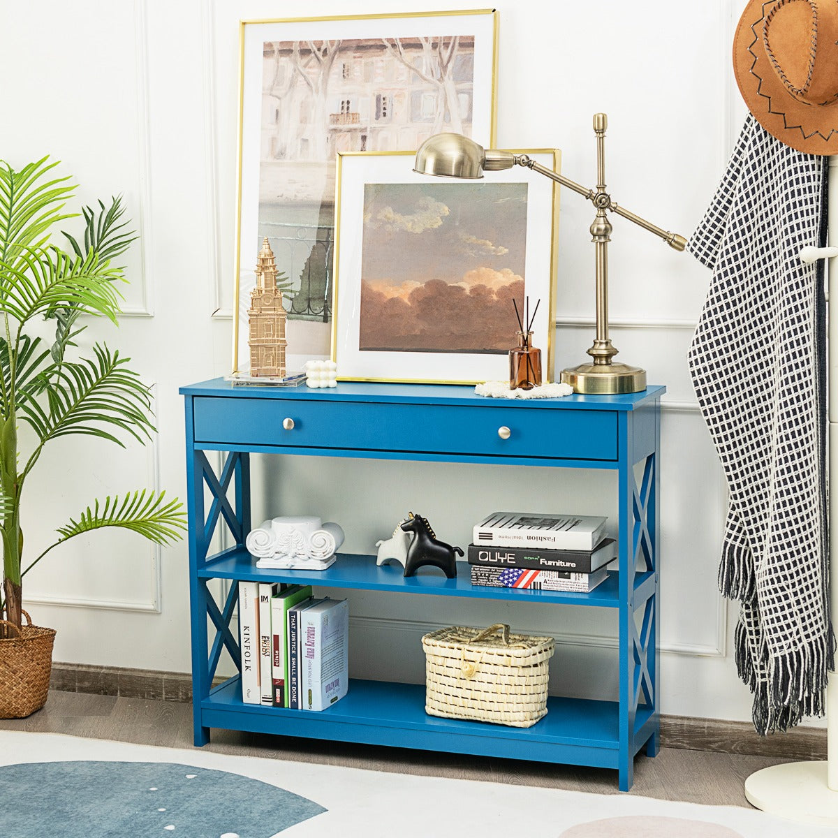 Tavolo da ingresso per salone e corridoio con 1 cassetto e 2 mensole, Tavolino da parete con 3 livelli Blu-Consolle