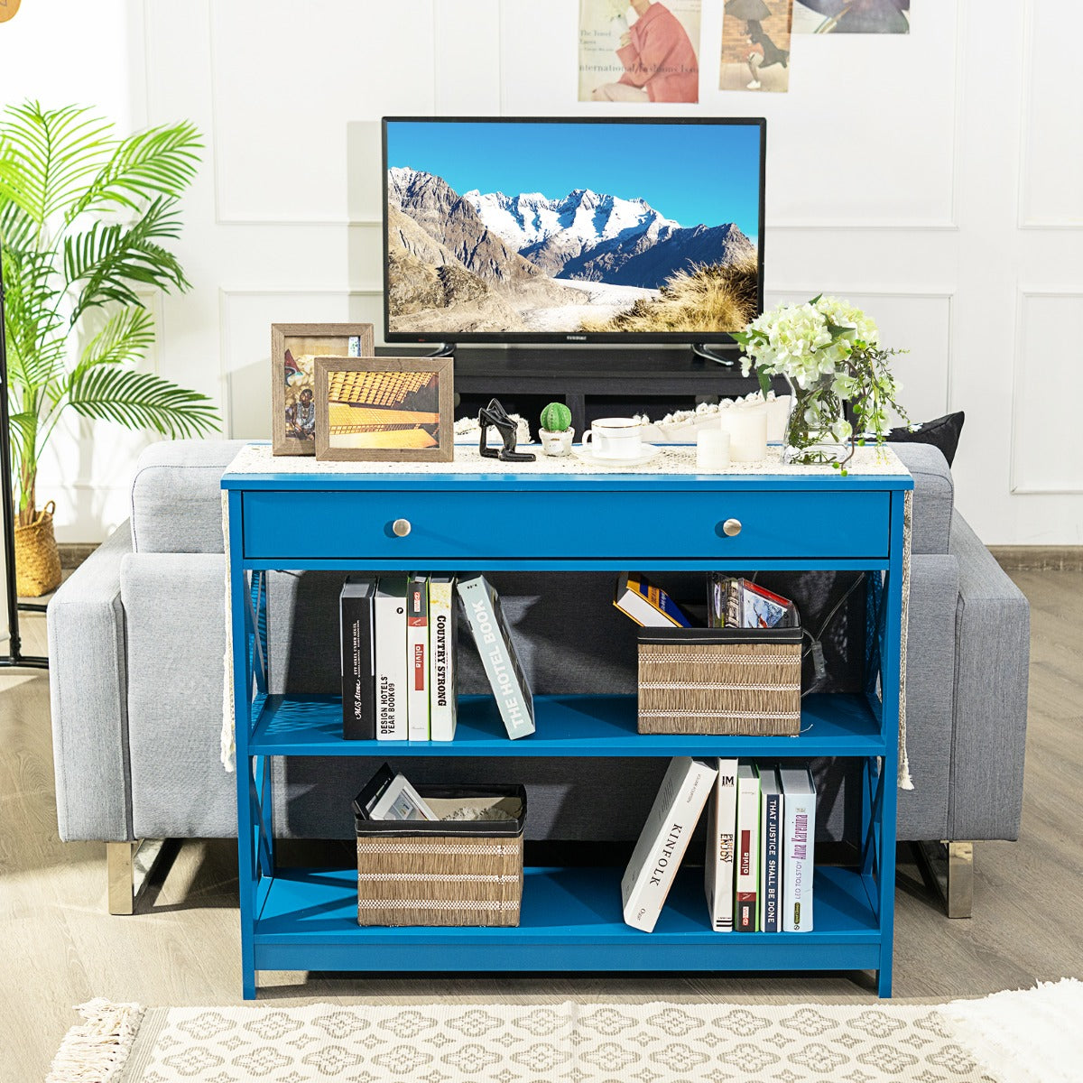 Tavolo da ingresso per salone e corridoio con 1 cassetto e 2 mensole, Tavolino da parete con 3 livelli Blu-Consolle