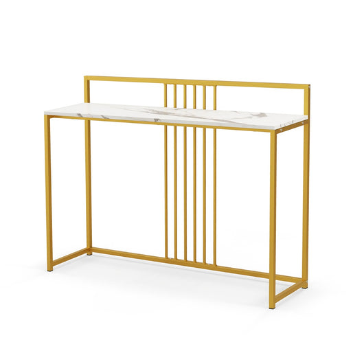 Tavolo da ingresso lungo 120cm, Consolle con piano effetto marmorino sponda struttura in metallo dorato Bianco-Consolle