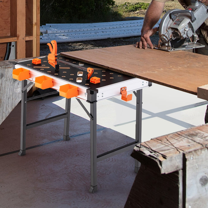 Tavolo da lavoro con portata 454kg 2 morsetti rapidi 3 scatole porta attrezzi, Banco da lavoro pieghevole Arancione-Tavoli da lavoro